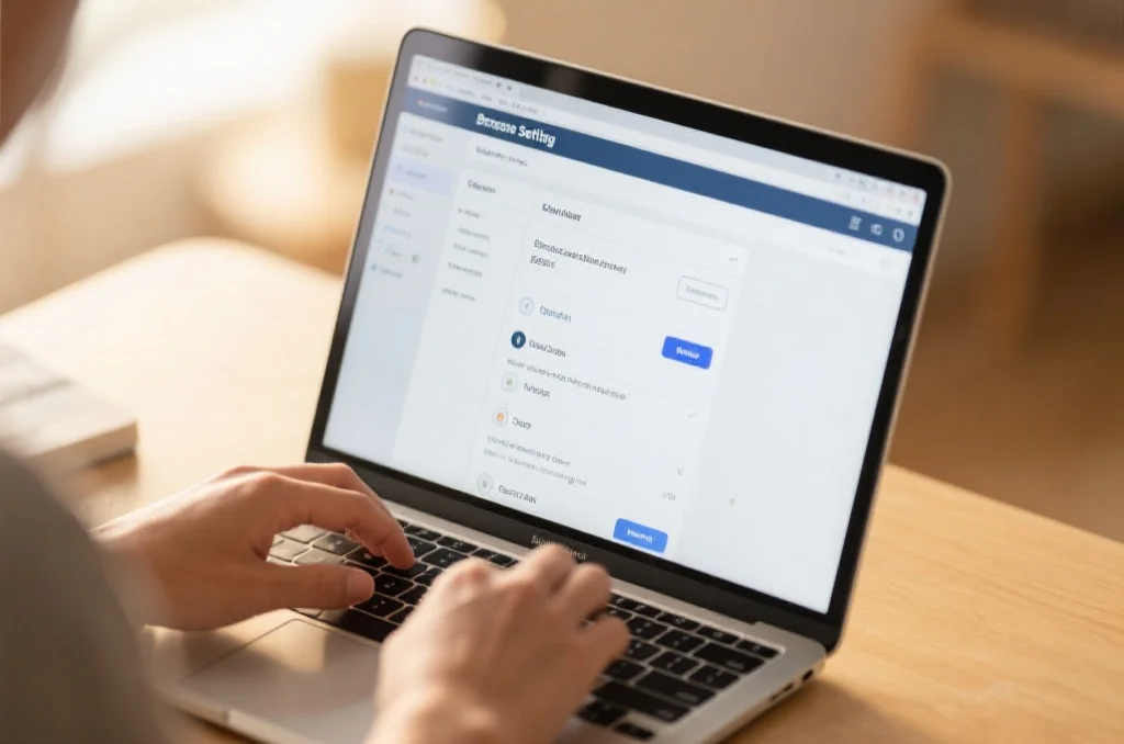 清晰展示一名用户在笔记本电脑上操作浏览器设置，屏幕上可见清除缓存的步骤，环境温馨且光线充足